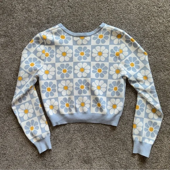 Justify Blue and Yellow Floral Grid Pattern Women's Cardigan Sweater Large - Picture 5 of 9